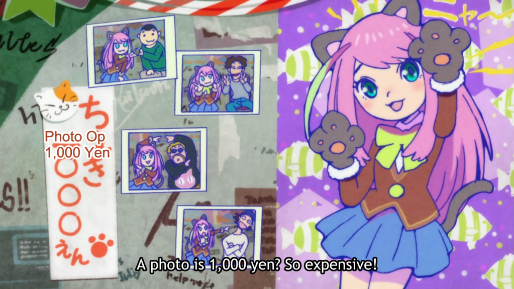A screencap from Osomatsu-san of a wall plastered with photos of Nyaa-chan posing with fans, as Osomatsu says from off-screen, "A photo is 1000 yen? So expensive!"