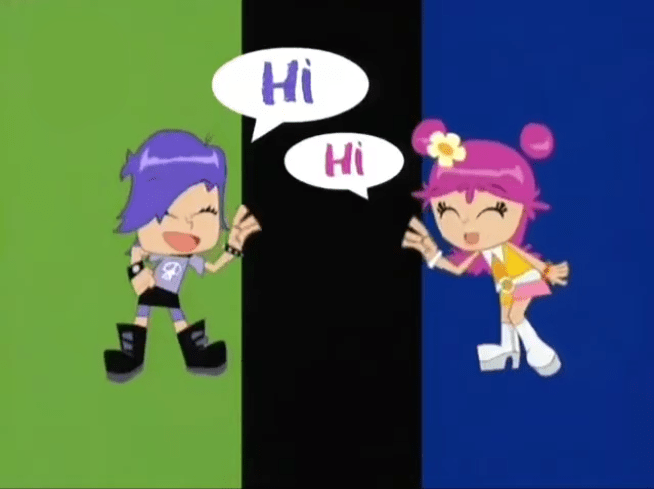 A screencap from the Hi Hi Puffy AmiYumi opening credits of the cartoon versions of Ami and Yumi waving at each other.